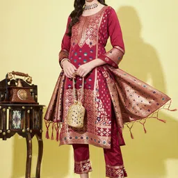 VredeVogel Floral Woven Design Zari Cotton Silk Jacquard Kurta with Trousers & Dupatta-picture-15