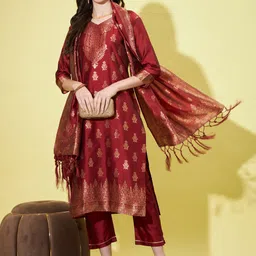 VredeVogel Woven Design Regular Kurta with Trousers & With Dupatta-image-13