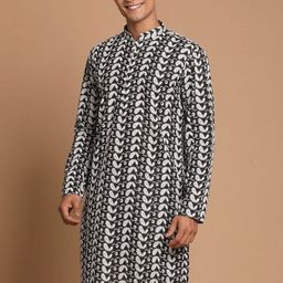VASTRAMAY Men Black & White Chikankari Embroidered Pure Cotton Straight Kurta-picture-21