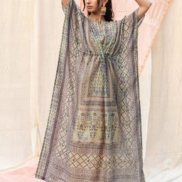 ODETTE Ethnic Motifs Printed Keyhole Neck Mirror Work Anarkali Kurta-image-60