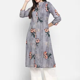 VAABA Women Grey & Red Floral Printed Kurta-image-7