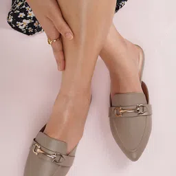 Mast & Harbour Brown And Gold-Toned Buckle Embellished Mules-1