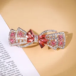 Yellow Chimes  Gold Toned Bow Designed Red Crystal Studded French Baratte Hair Clip-55