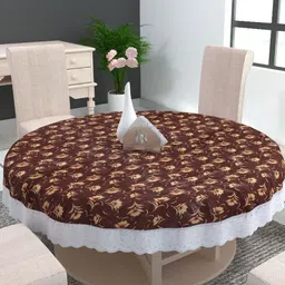 MONKDECOR Brown Floral Waterproof Plastic Round 4-Seater Table Cover-image-89