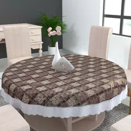 MONKDECOR Brown Geometric Printed Waterproof Plastic Round 4-Seater Table Cover-20
