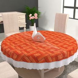 MONKDECOR Orange Geometric Printed Round 6-Seater Table Cover-11