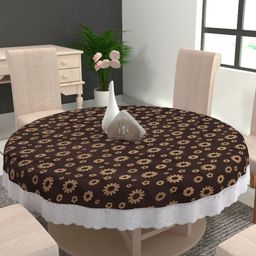 MONKDECOR Brown Floral Waterproof Round 6-Seater Table Cover-33