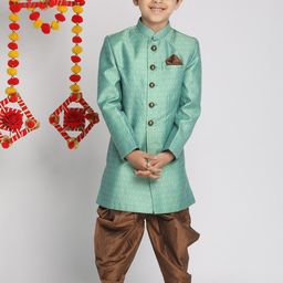 Vastramay Boys' Green And Coffee Brown Indowestern Sherwani and Cowl Dhoti Pant Set-43