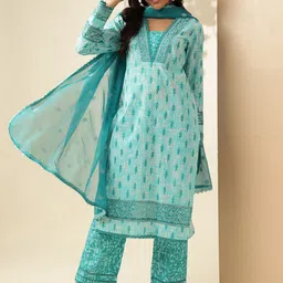 Anouk Blue Printed Regular Thread Work Pure Cotton Kurta With Palazzos & Dupatta-picture-6