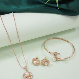 I Jewels Rose Gold-Plated Cubic Zirconia-Studded Necklace and Earrings With Bracelet-image-42