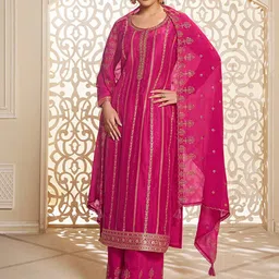Seerat Round Neck Long Sleeves Ethnic Pure Silk Kurta with Palazzo & Dupatta-picture-14