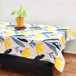 STITCHNEST Yellow & White Printed Cotton 4-Seater Table Cover-6