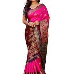Indian Fashionista Pink & Blue Woven Design Zari Art Silk Banarasi Saree-picture-17