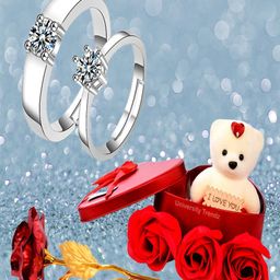 UNIVERSITY TRENDZ Silver-Plated Crystal Stud Couple Ring, Red Rose and Mini Teddy Box-15