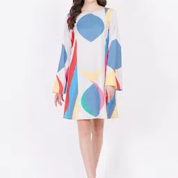 MINGLAY Geometric Printed Round Neck Long Sleeves A-Line Dress-image-53