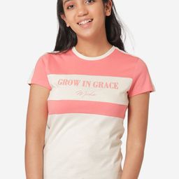 Mode by Red Tape Girls Coral Pink & Off-White Colourblocked Round Neck T-shirt-image-100