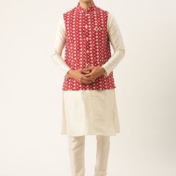 SOJANYA Men Off White & Maroon Thread Work Kurta with Churidar And Nehru Jacket-picture-19