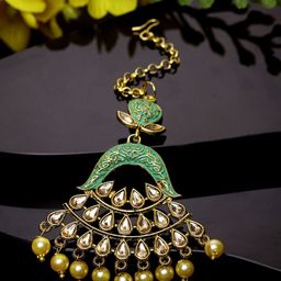 ANIKAS CREATION Gold-Plated & Green Stone Studded Enameled Hand Painted Traditional Maang Tikka-image-29