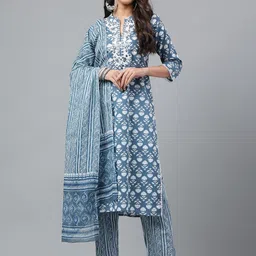 misbis Floral Printed Thread Work Pure Cotton Kurta With Trousers & With Dupatta-picture-2