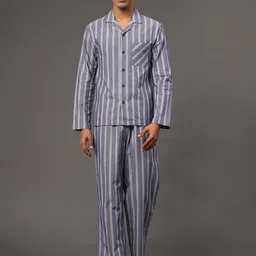 BStories Striped Lapel Collar Pure Cotton Night Suit-2