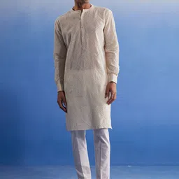 SHVAAS by VASTRAMAY Men Schiffli Embroidered Cotton Kurta With Elasticated Pyjama-image-49
