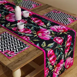 SEJ by Nisha Gupta Set of 6 Black Printed Cotton Table Placemats and Runner-6