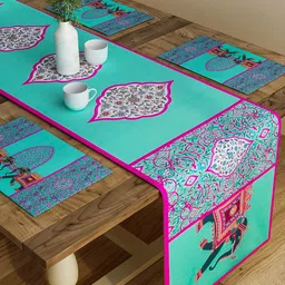 SEJ by Nisha Gupta Set Of 7 Green Abstract Printed Table Placemats & Runner-23