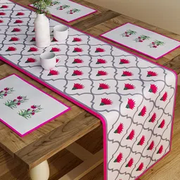 SEJ by Nisha Gupta Pink & White Set of 7 Table Placemats & Runner-34