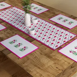 SEJ by Nisha Gupta Pink & White Set of 6 Table Placemats With Runner-16