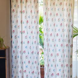 URBAN SPACE Off White & Blue 2-Pieces Floral Cotton Door Curtains-32