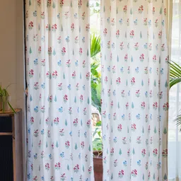 URBAN SPACE Cream-Colored & Red 2-Pieces Floral Cotton Long Door Curtains-80