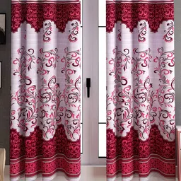 LA VERNE Maroon & White 2 Pieces Floral Door Curtains-37