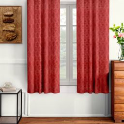 Cortina Set of 2 Red Embossed Abstract Print Polyester Window Curtains-0