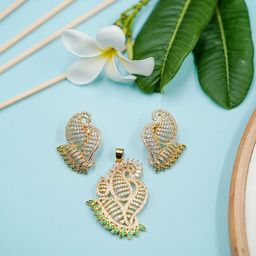 Voylla Gold Toned CZ Peacock Pendant Set-image-40