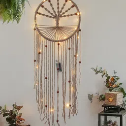 DULI Off White Boho Macrame Tree Of Life Hanging With Lights Dream Catcher-11