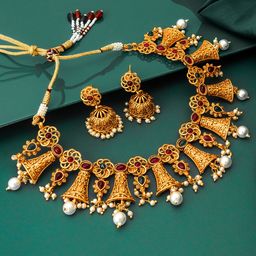 aadita Gold-Plated White & Red Stone-Studded & Pearl Beaded Handcrafte-9