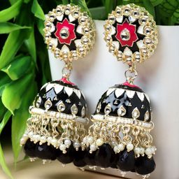 ZENEME Gold-Plated Meenakari Jhumkas Earrings-33