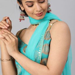 Inddus Women Turquoise Blue & Golden Woven Design Sequinned Kurta with Trousers & Dupatta-picture-15