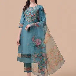 KALINI Floral Embroidered Thread Work Detail Straight Kurta & Trousers With Dupatta-32
