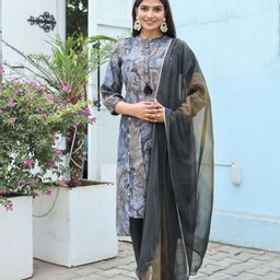 Chandbaali Floral Printed Mandarin Collar Thread Work Chanderi Cotton Straight Kurta Set-image-31