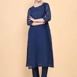 Soch Women Navy Blue Geometric Yoke Design Flared Sleeves Chanderi Silk Kurta-image-45