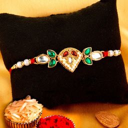 Sukkhi Rakhi Men Gold-Plated Red & White Stone-Studded & Beaded Rakhi With Roli Chawal & Greeting Card-image-33