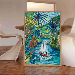 Aura Blue & Red Wooden Floral Printed Wall Paintings-picture-1