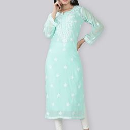 Seva Chikan Floral Embroidered Chikankari Straight Georgette Kurta With Slip-23