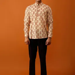 Streaks & Crosses Paisley Printed Mandarin Collar Regular Cotton Kurta-image-79