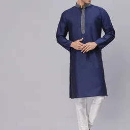 NEUDIS Men Navy Blue Solid Dupion Silk Thread Work Straight Kurta-picture-53