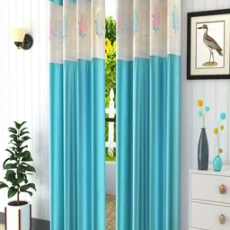 Homefab India Turquoise Blue & Off White Set of 2 Floral Sheer Window Curtain-13