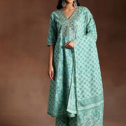 Libas Floral Printed Regular Sequinned Pure Cotton Kurta with Palazzo & Dupatta-14