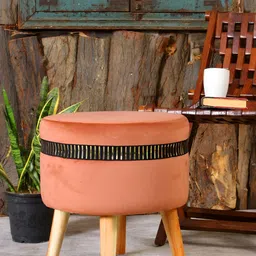 Shadowkart Peach-colored Velvet & Wooden Round Ottoman-image-40