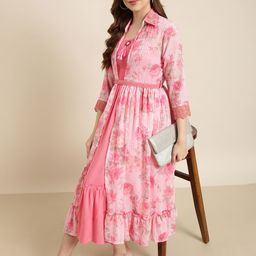 SHOWOFF Shirt Collar Three Quarter Sleeves Floral Print A-Line Midi Cotton Dress-image-63